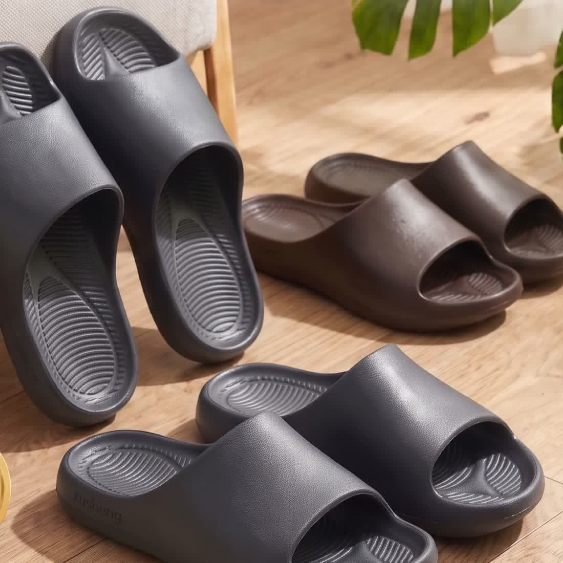 EVA home slippers in grey and brown, made by Ainomi in Dingzhou