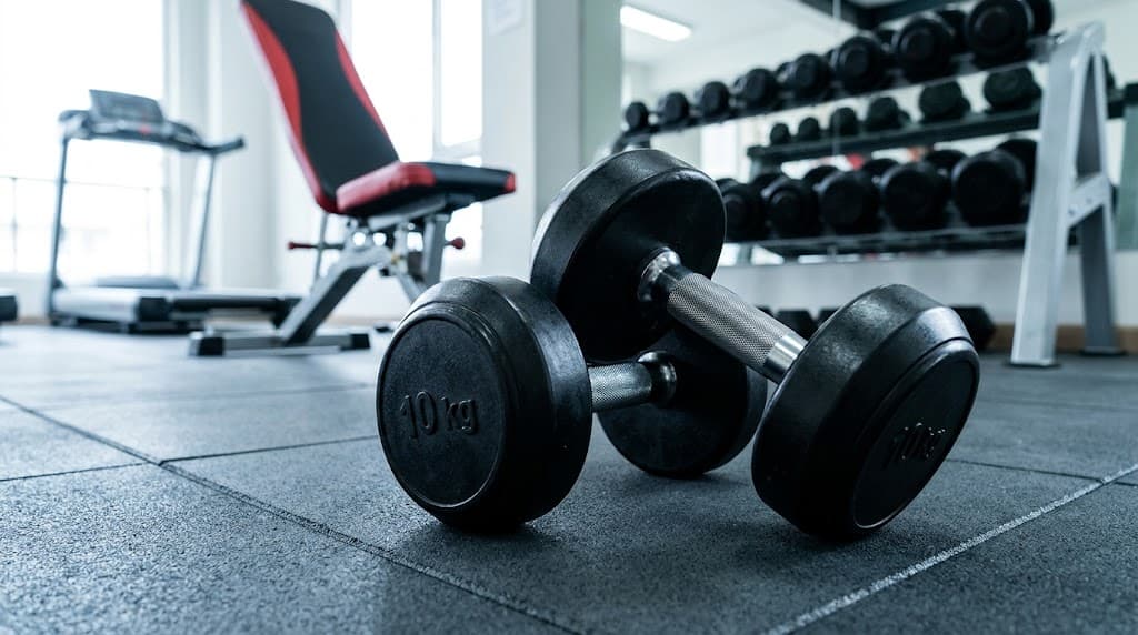 Rubber-coated dumbbells in a gym, representative of Ainomi sporting goods